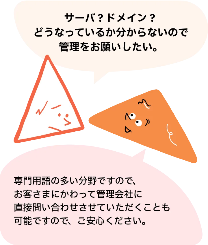 サーバ？ドメイン？どうなっているか分からないので管理をお願いしたい。専門用語の多い分野ですので、お客さまにかわって管理会社に直接問い合わせさせていただくことも可能ですので、ご安心ください。