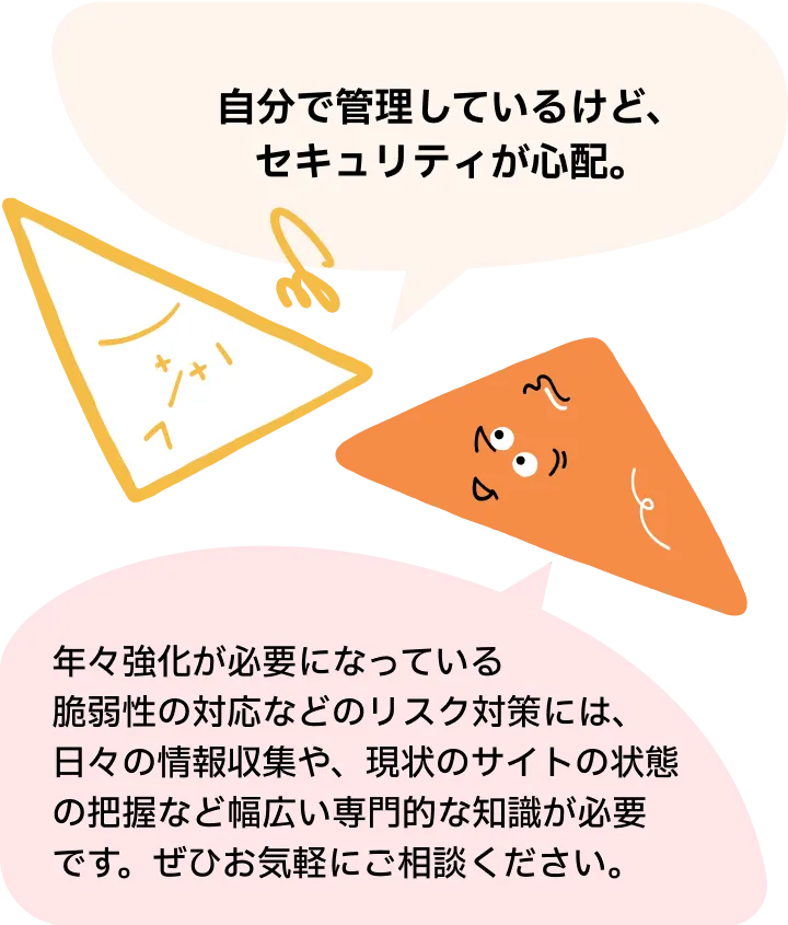 自分で管理しているけど、セキュリティが心配。年々強化が必要になっている脆弱性の対応などのリスク対策には、日々の情報収集や、現状のサイトの状態の把握など幅広い専門的な知識が必要です。ぜひお気軽にご相談ください。